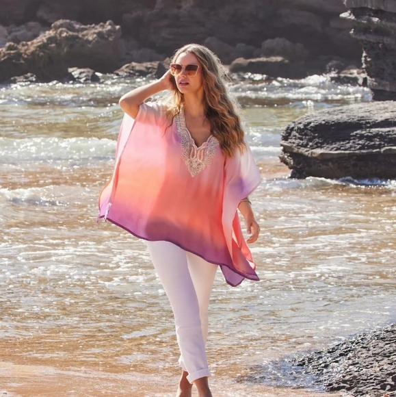 BOSTON PROPER Beaded Ombre Tunic In Pink Multi. Size Small - Picture 5 of 16